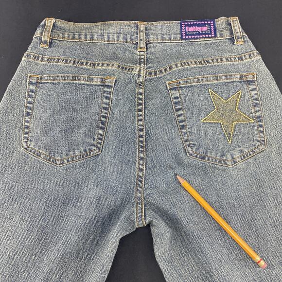 Vtg Y2K Bubblegum Jeans Womens 3/4 Flare Gold Glitter Embroidered Stars Low Rise - Picture 3 of 11
